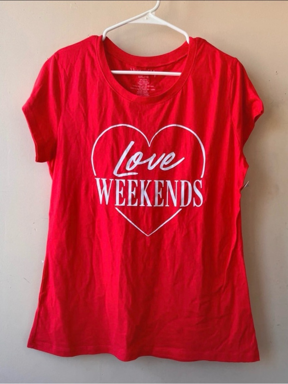 Wound Up Red Tee with White Heart "Love Weekends" Graphic